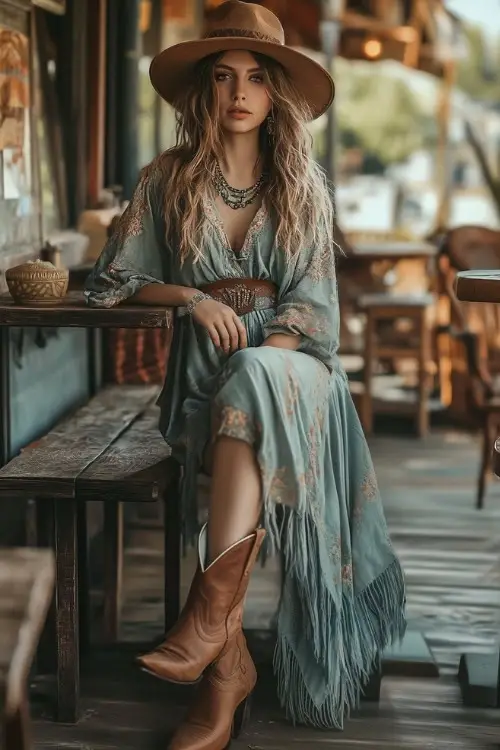 A boho-inspired maxi dress paired with suede cowboy boots, accessorized with a fringe bag, in a cozy outdoor cafeÌ