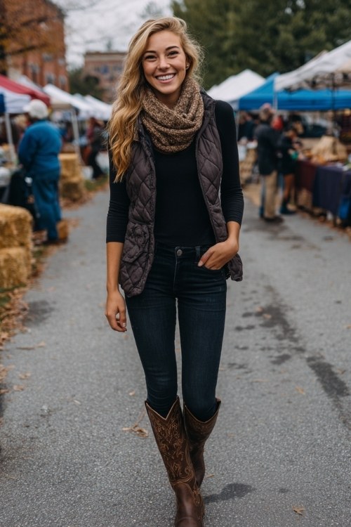 A woman wears high-rise dark jeans with a fitted black knit top and brown cowboy boots