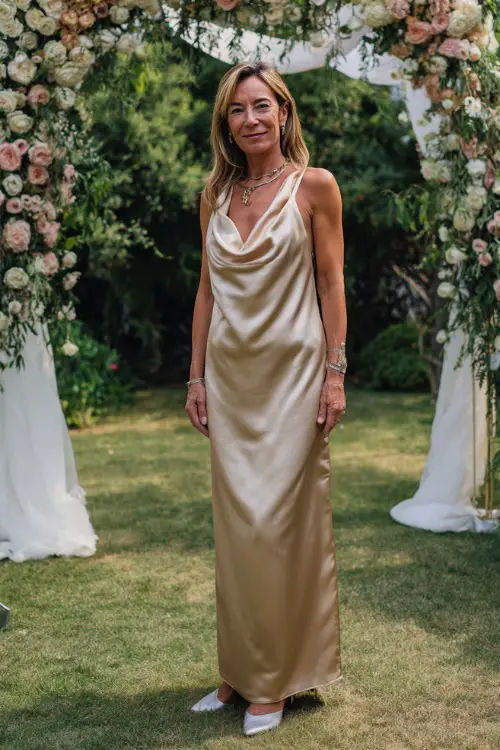 A woman over 50 wearing a floor-length champagne satin gown with a cowl neckline and silver heels, standing under a floral arch at a high-end garden wedding