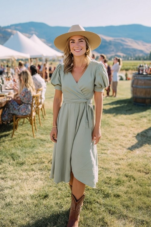 A woman wears a sage-green wrap dress with puff sleeves, styled with brown cowboy boots and a wide-brim felt hat