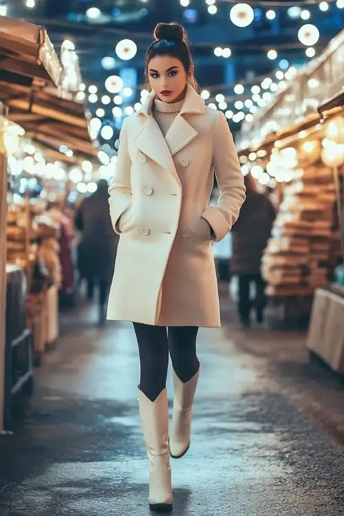 A woman with an elegant high bun, dressed in a white pea coat, dark leggings, and tall white cowboy boots with clean