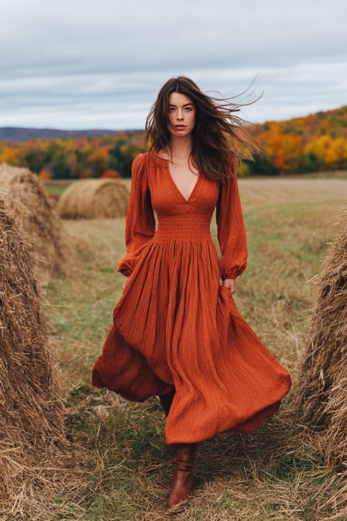 A woman wears a burnt-orange pleated dress with long sleeves, paired with boots
