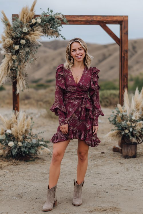 A petite woman in a burgundy floral long-sleeve wrap dress with ruffle trim, styled with taupe cowboy boots