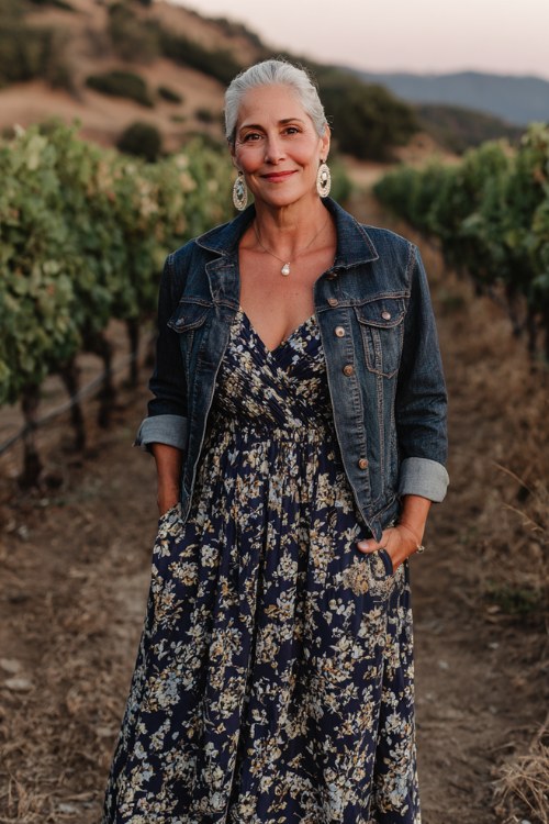 A full body image of woman over 50 wears a navy floral maxi dress with an empire waist, styled with a dark denim jacket