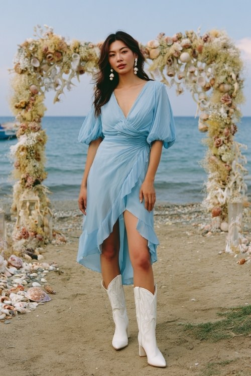 A woman wears a sky-blue chiffon wrap dress with flutter sleeves, paired with white cowboy boots and pearl earrings
