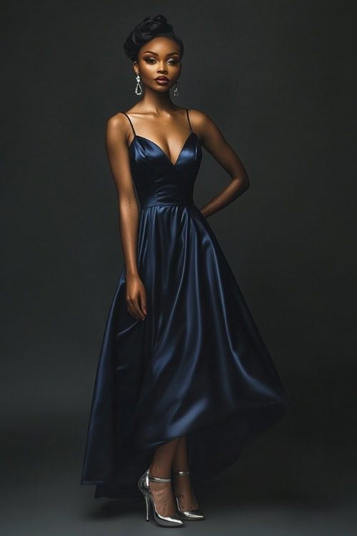 A tall woman dressed in a navy blue satin midi dress with spaghetti straps, a cowl neckline, and a bias-cut silhouette