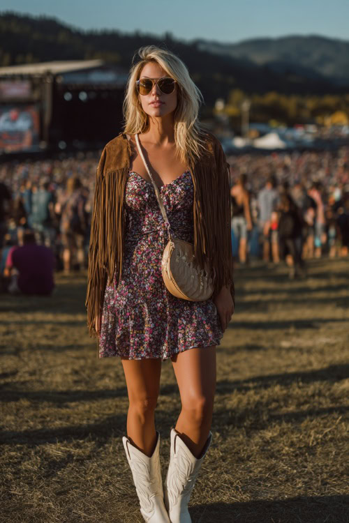 A woman wears a floral midi wrap dress with a suede fringe jacket, styled with tall white cowboy boots and a fringe crossbody bag at an outdoor fall concert