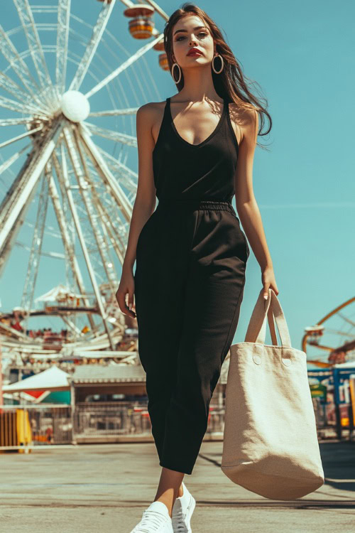A stylish woman in a black sleeveless romper with white sneakers and hoop earrings, carrying a canvas tote bag, walking beside a Ferris wheel