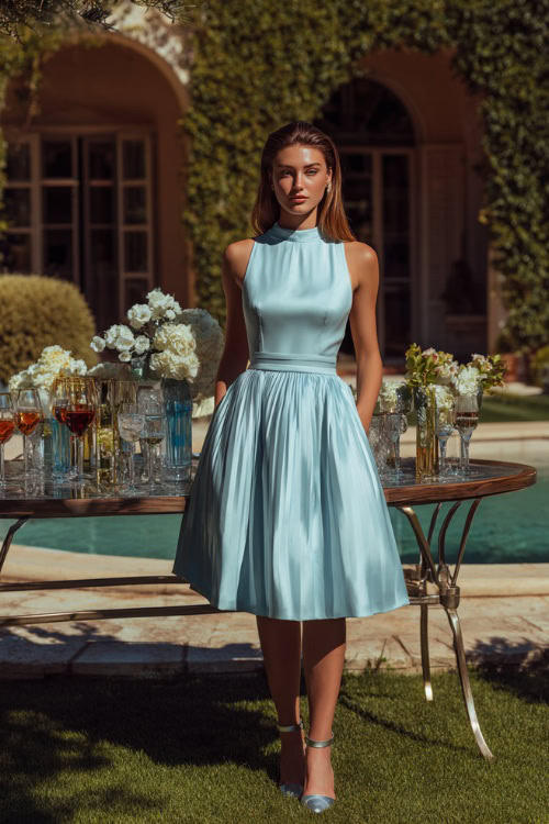 A woman in a sleeveless pale blue cocktail dress with pleats and silver heels, standing near a garden cocktail table with glassware and light summer florals