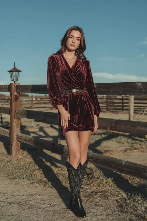A woman wears a maroon velvet wrap dress with long sleeves, paired with tall black cowgirl boots and a statement belt