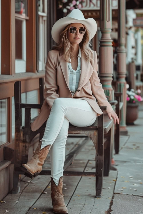 a woman wears white pants, brown cowboy boots with a blazer