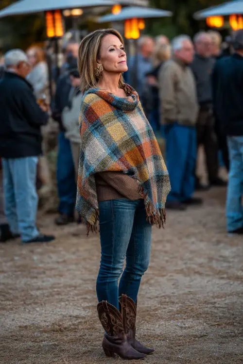 A woman over 50 wears a plaid wool poncho over a fitted sweater and jeans, styled with heeled cowboy boots and hoop earrings, standing in a fall concert crowd under lanterns