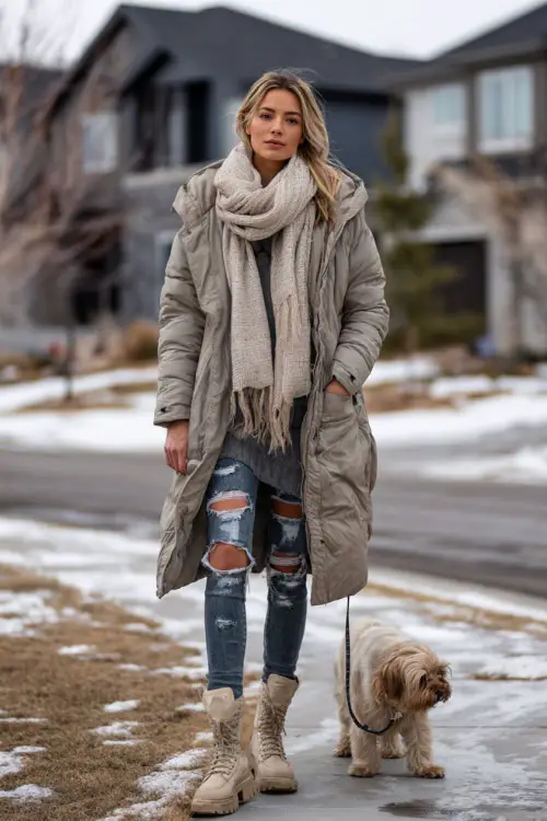Fashionable woman in a neutral puffer coat, scarf, ripped jeans, and chunky boots, walking her dog in a cold suburban neighborhood