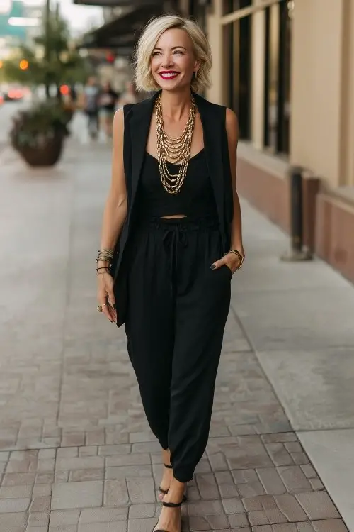 A woman over 40 wears a black jumpsuit with layered gold necklaces