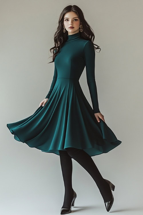 A petite woman in a dark teal long-sleeve skater dress with a fitted bodice and a flowy skirt. She accessorizes with black tights, heeled boots, and gold earrings