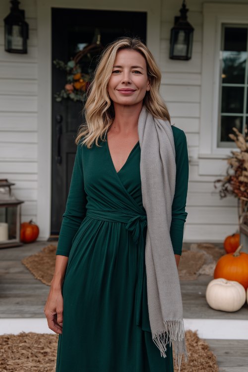 A woman over 40 wearing a deep green wrap dress with long sleeves, belted at the waist (2)