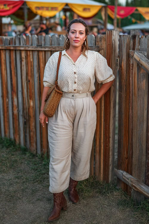 A plus-size woman dressed in linen wide-leg pants, a tucked-in eyelet blouse, and brown ankle cowboy boots, accessorized with statement hoop earrings and a woven bag