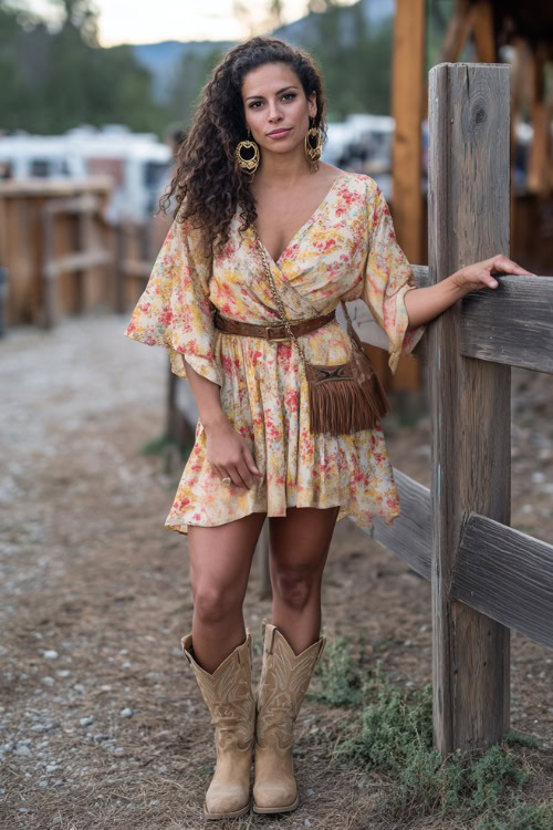 A midsize woman in a flowy floral wrap dress with flutter sleeves and tan western boots, accessorized with gold earrings and a fringe crossbody bag