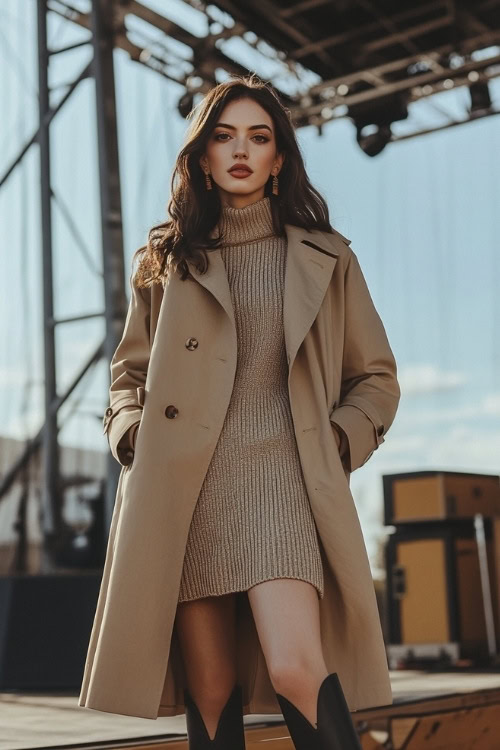 A woman in a tailored trench coat, a midi sweater dress, and heeled cowboy boots
