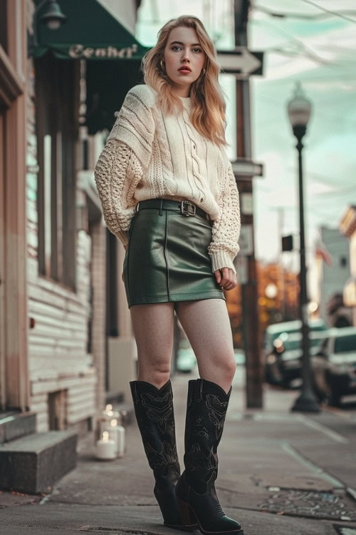 a woman wears a sweater, a leather skirt and black cowboy boots
