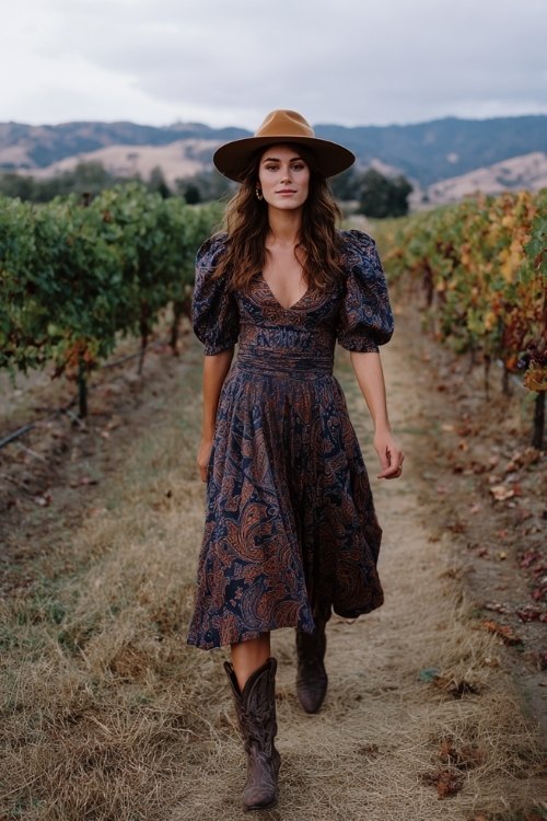 A woman in a navy and rust paisley-print midi dress with a smocked waist and puff sleeves, styled with distressed leather cowboy boots