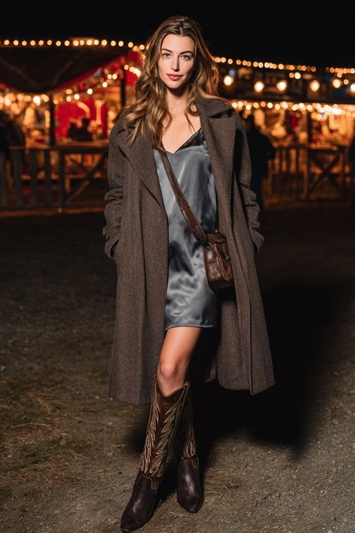 A woman wears a floor-length wool coat layered over a satin slip dress, styled with tall cowboy boots and a leather crossbody bag