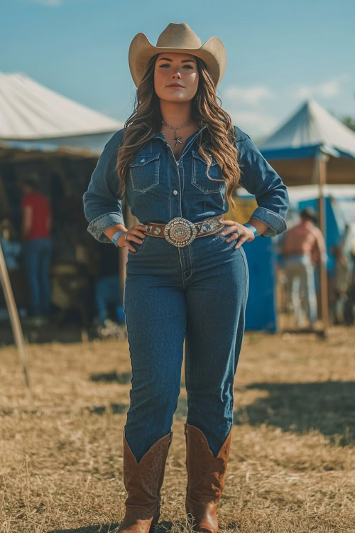 A western-inspired plus-size woman in a classic denim jumpsuit with a cinched waist, paired with brown cowboy boots and a silver concho belt