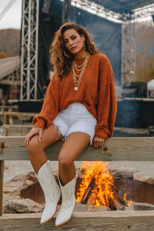 A curvy woman wears denim cut-off shorts layered over tights with a rust oversized knit sweater, styled with white cowboy boots and layered gold chains