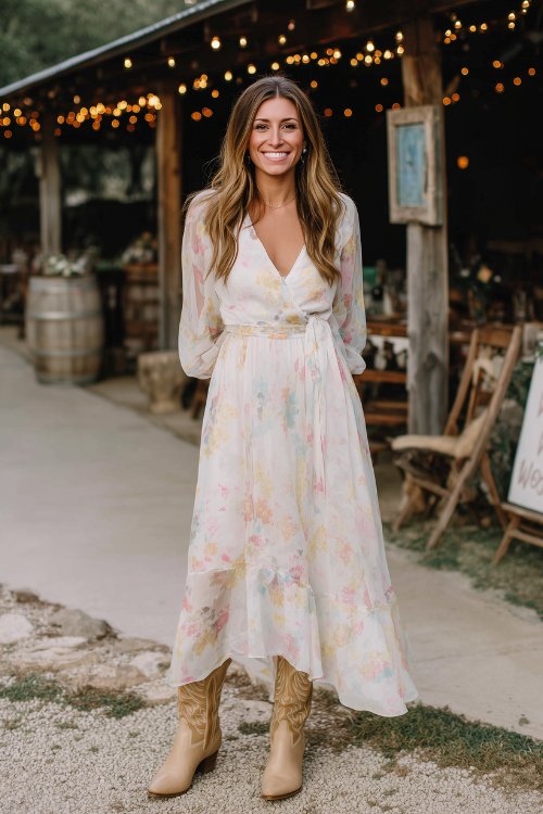 A woman in a white maxi dress with pastel floral print and a sheer overlay, paired with light tan cowboy boots