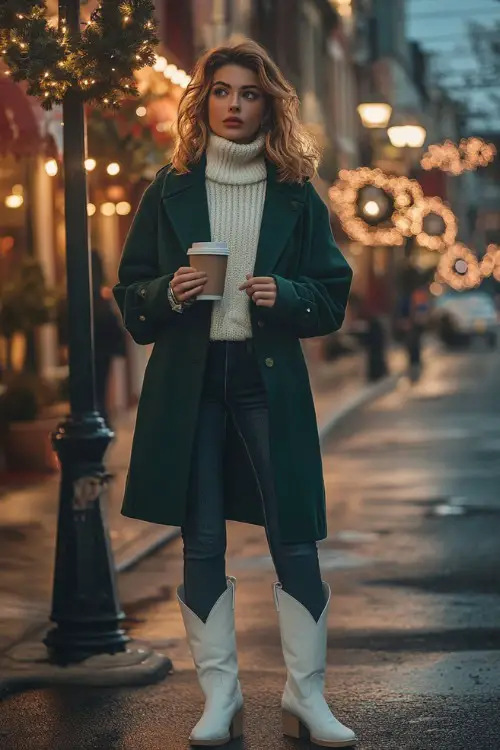 A woman wears short white cowboy boots with dark denim, layered with a creamy oversized cable-knit sweater and a tailored green peacoat