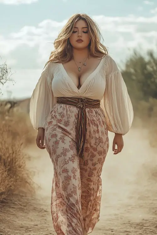 A flowy bohemian look with a plus-size woman in wide-leg printed pants and a tied-up gauze blouse, accessorized with a braided belt and sandals
