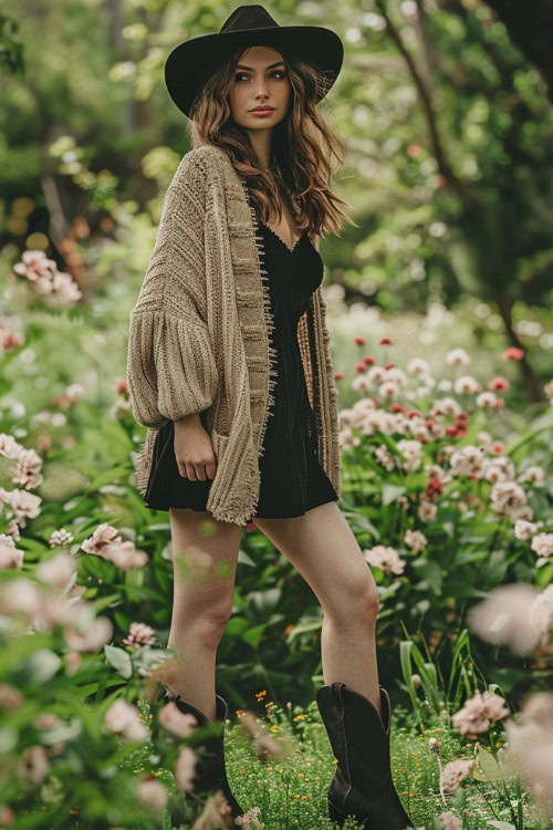 a woman wears a beige cardigan, a black dress with black cowboy boots