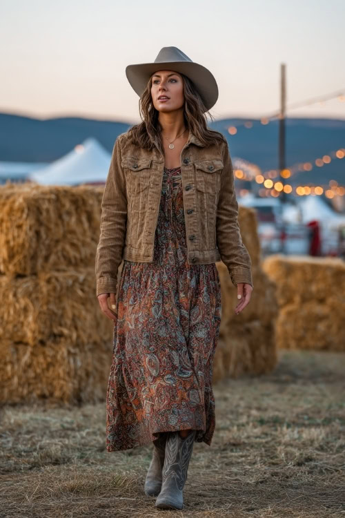 A curvy woman in a corduroy jacket over a paisley maxi dress, styled with cowboy boots and a felt hat, walking near hay bales and string lights at a country concert
