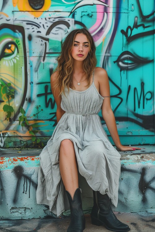 a woman wears grey sundress with black cowboy boots sitting