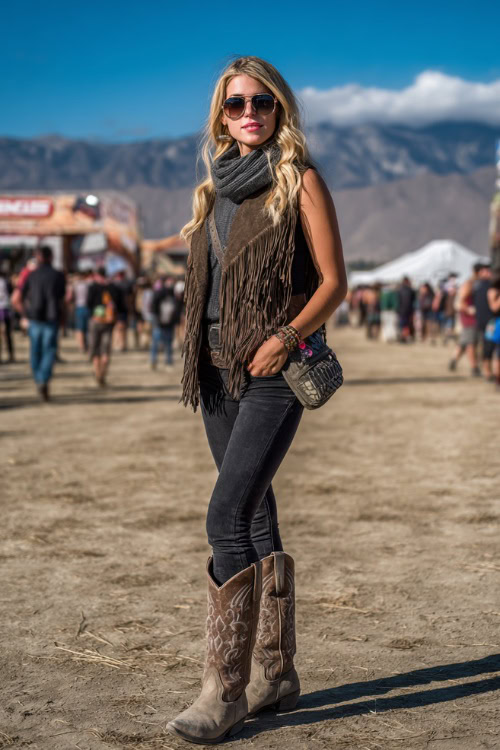 A woman wears black skinny jeans with a fringe vest layered over a fitted turtleneck, paired with tall cowboy boots and a crossbody bag, standing at a lively country music festival