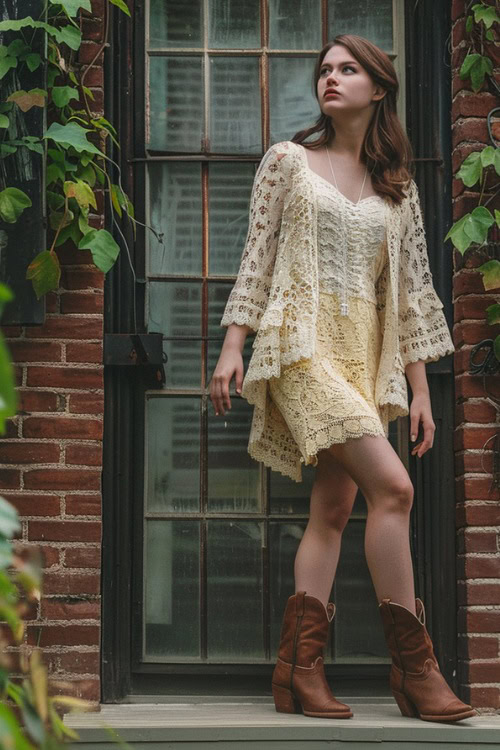 a woman wears a light yellow cardigan, a lace yellow dress and brown cowboy boots