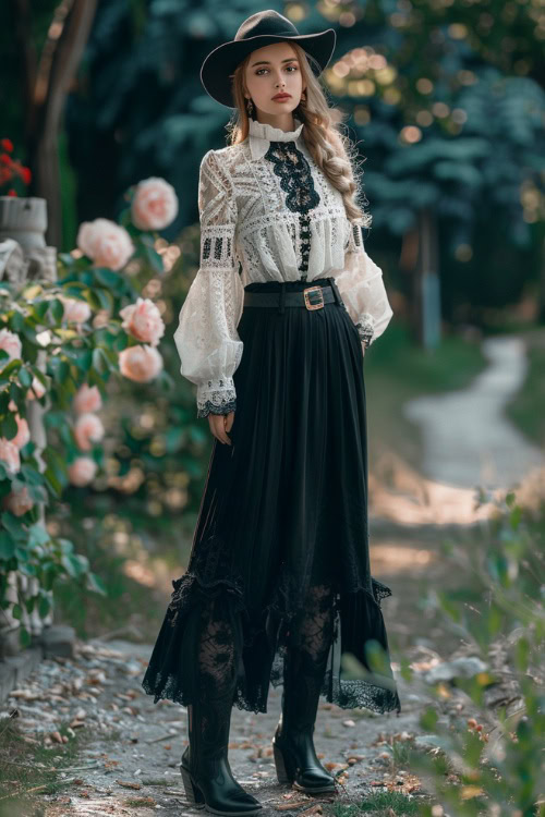 A woman wears black cowboy boots with a long black skirt and blouse