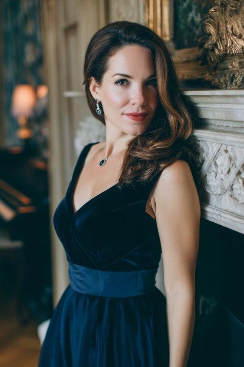 a woman over 50 in a navy fit-and-flare dress with velvet bodice and chiffon skirt