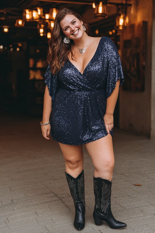 A plus-size woman wears a midnight blue sequin wrap dress with flutter sleeves, paired with glossy black cowboy boots