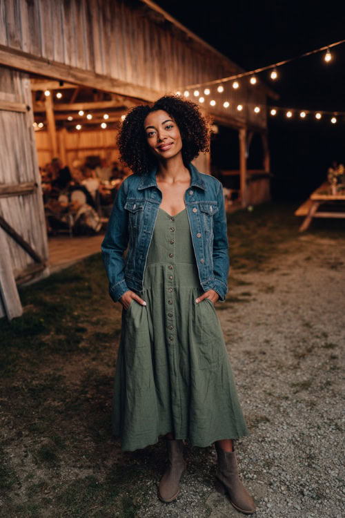 A woman wears a forest green cotton A-line dress with three-quarter sleeves, paired with ankle boots and a denim jacket, standing at a cozy barn wedding with string lights overhead