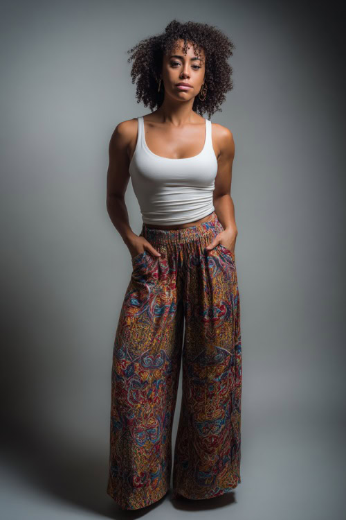 A Black woman in a white fitted tank top and high-waisted wide-leg printed pants with wedge heels, styled for a bold yet casual summer night (2)