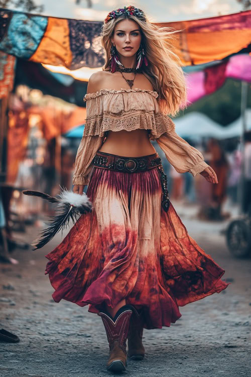 A confident woman in a flowing off-the-shoulder peasant blouse with a tiered bohemian maxi skirt, accessorized with cowboy boots and feather earrings