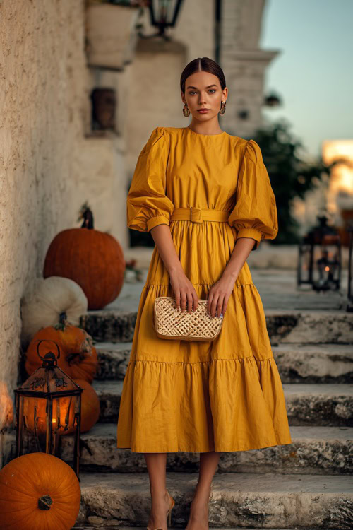 A woman wears a mustard yellow tiered midi dress with puff sleeves, styled with flats and a woven clutch, posing in a small-town November wedding courtyard with pumpkins and lanterns