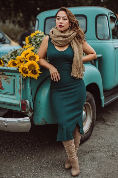 A curvy woman in a dark teal jersey midi dress with a side slit, paired with taupe mid-calf boots and a blanket scarf