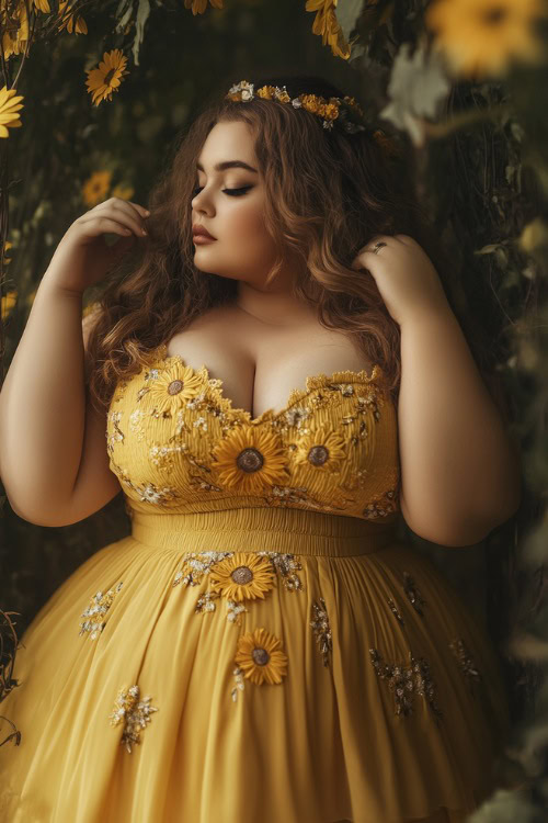 A fashionable plus-size woman in a sunflower yellow sleeveless short dress with a gathered waist, floral embroidery, and subtle ruffles