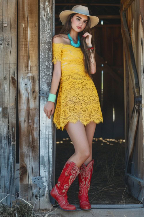 A woman wears red cowboy boots and a yellow short lace dress