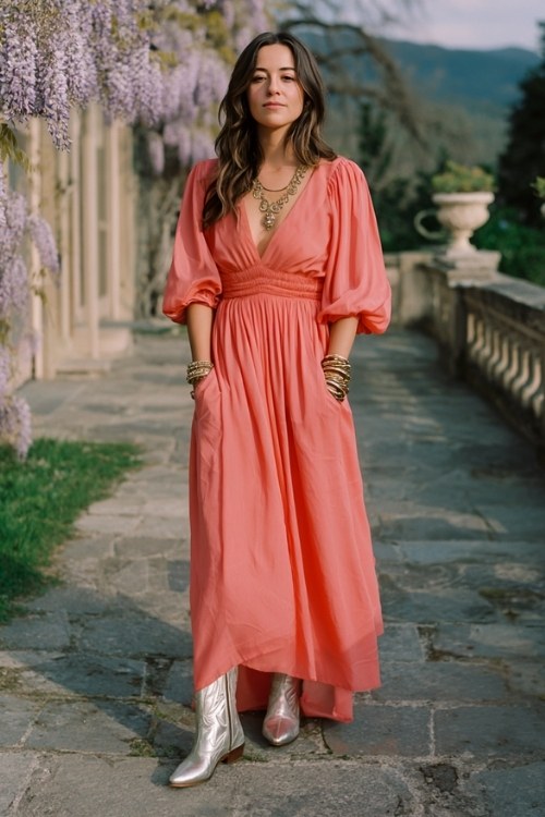 A woman wears a coral chiffon gown with bishop sleeves, styled with silver cowboy boots and layered bangles