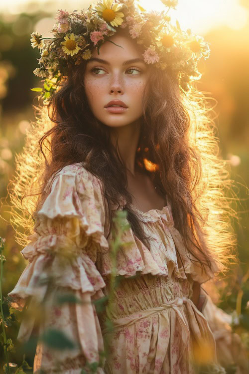 A whimsical boho woman in a ruffled wrap dress with long sleeves and a crown of mixed wildflowers, standing under warm golden festival light