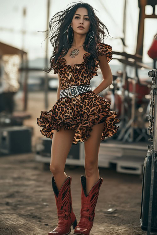 A confident woman in a bold animal print dress with ruffled details, accessorized with red cowboy boots and a studded belt