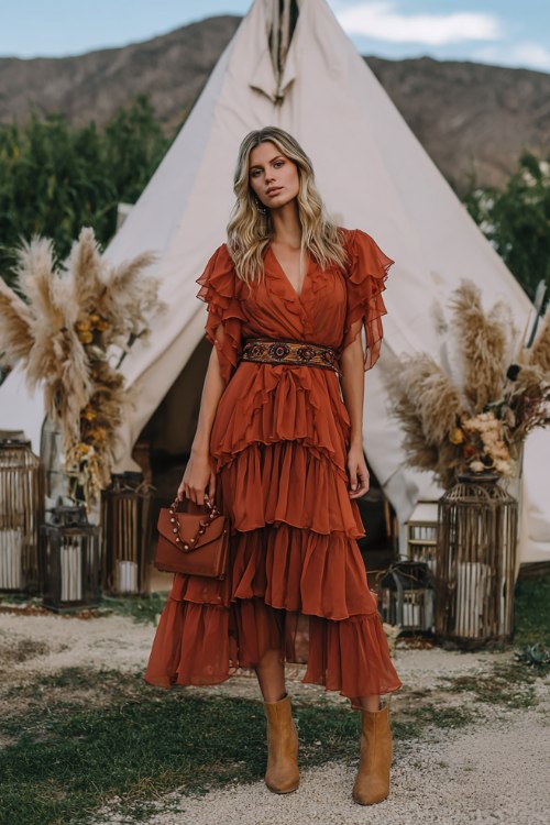 A woman wears a rust-orange chiffon cocktail dress with tiered ruffles, flutter sleeves, and a braided leather belt